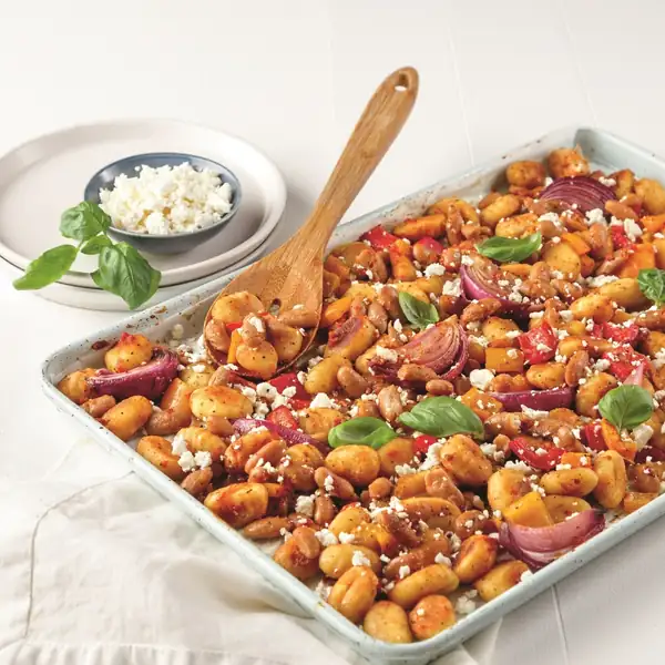 Plate of gnocchi and Greek-style beans