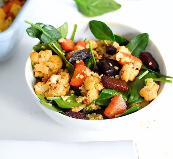 Warm Quinoa Salad with Roasted Vegetables & Tahini Dressing