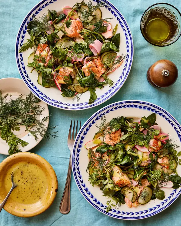Max Rocha’s recipes for confit trout salad and grilled courgette with apricot, stracciatella and roasted almonds