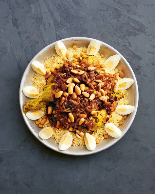 Chicken Couscous With Caramelized Onion and Raisin Tfaya