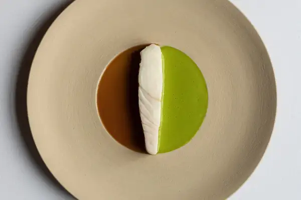 Slow-cooked turbot, lettuce sauce, fish bone caramel