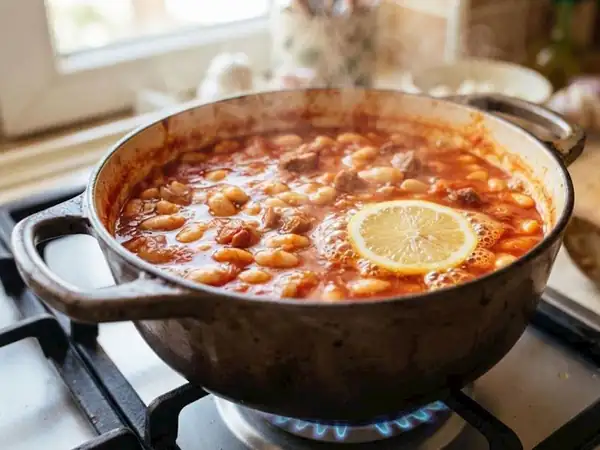 Why is a slice of lemon added to the water when cooking dried beans?