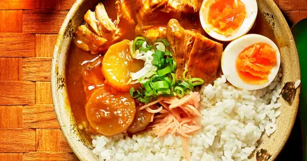 Japanese curry with braised pork belly, daikon and egg