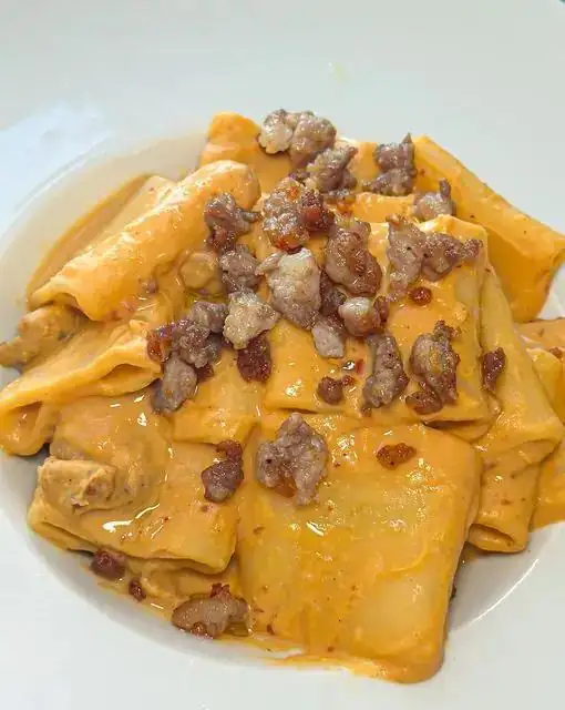 Paccheri with chickpea cream, nduja, and sausage 😋