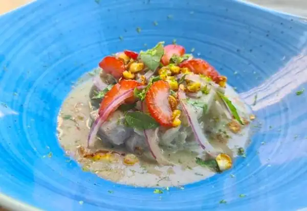 Sea bream ceviche recipe, strawberry leche de tigre, grilled corn and verbena
