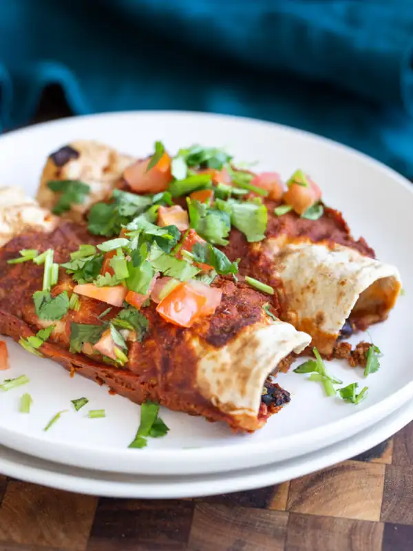 Vegan Cauliflower Bean Taco Meat Enchiladas with homemade Enchilada Sauce