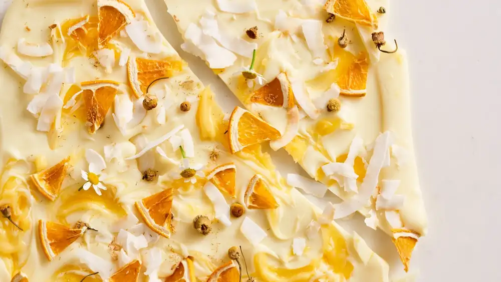 Chamomile and orange blossom curd white-choc bark