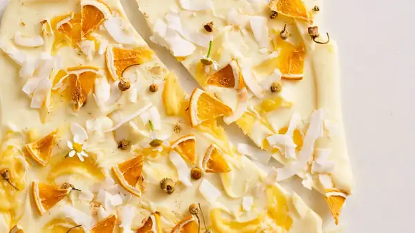 Chamomile and orange blossom curd white-choc bark