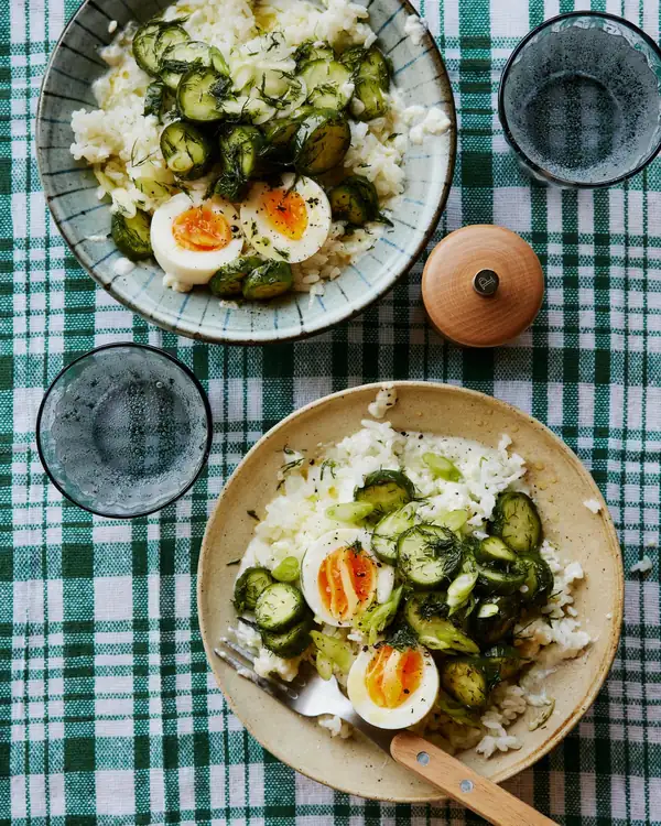 Rosie Mackean’s quick and easy recipe for cucumber rice with fudgy eggs