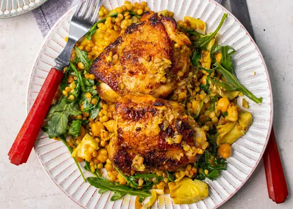 Lemon-Braised Chicken with Pearl Couscous, Artichokes, and Chickpeas