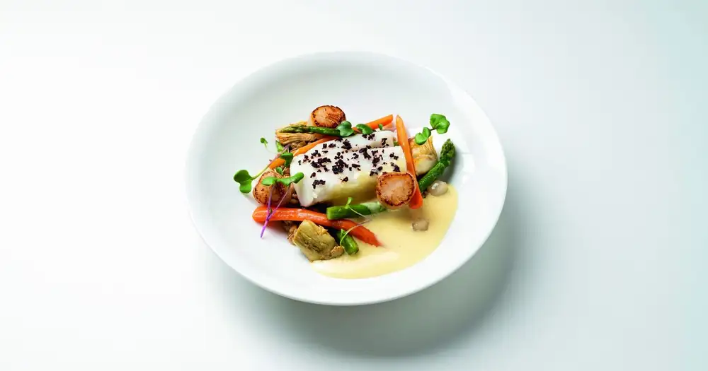 Steamed cod, scallops and barley
