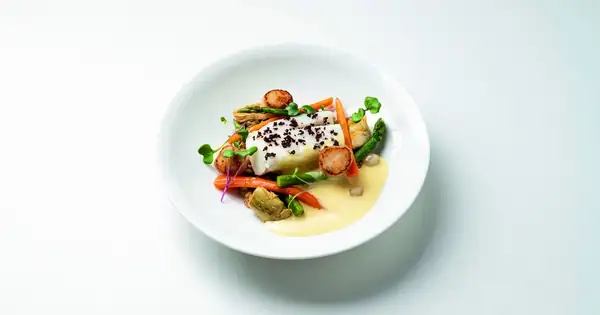 Steamed cod, scallops and barley