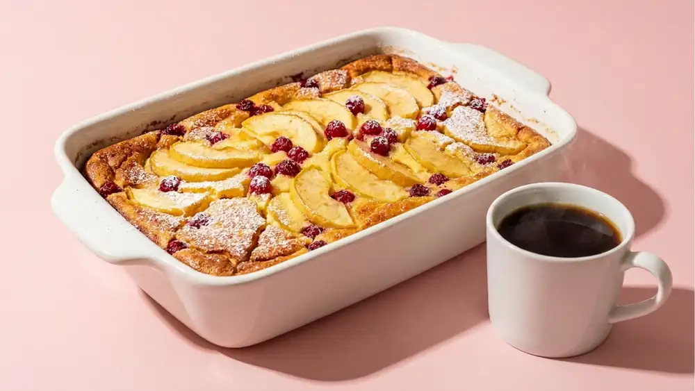 Sweet semolina pudding with cottage cheese and baked apples