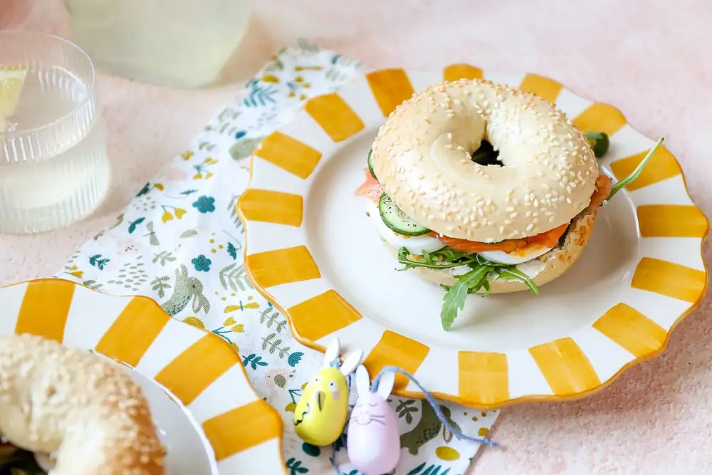 Bagel with salmon, egg, and cucumber