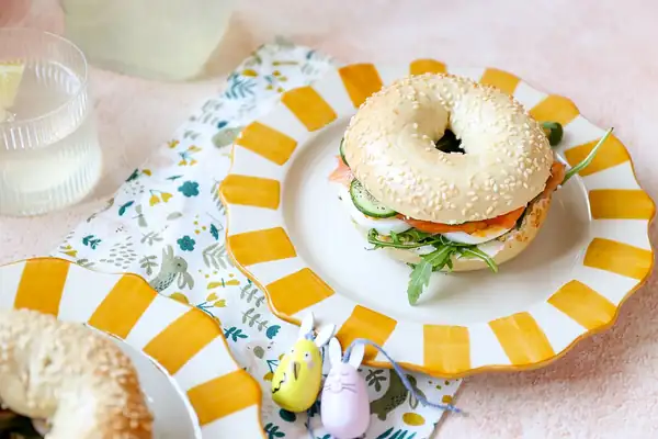Bagel with salmon, egg, and cucumber