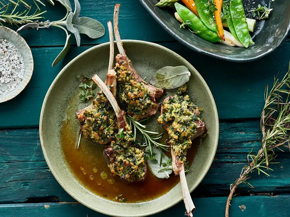 Lamb chops with herb crust and sage-ginger jus