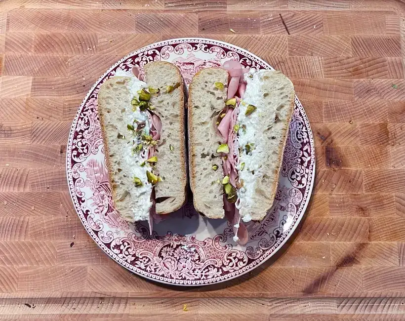 Ciabatta with burrata and mortadella