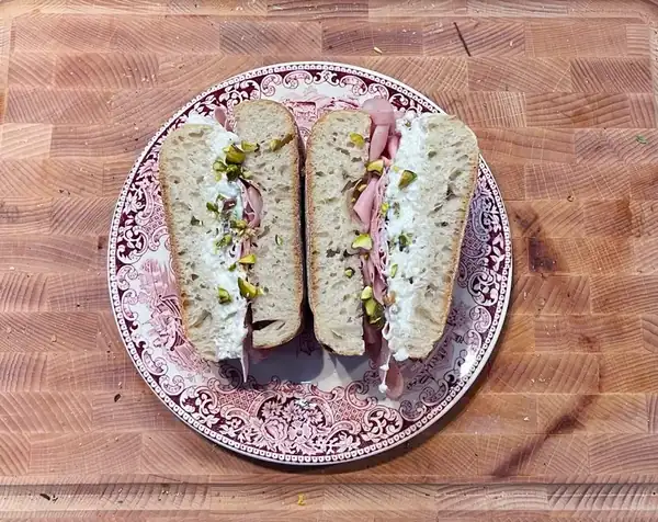 Ciabatta with burrata and mortadella