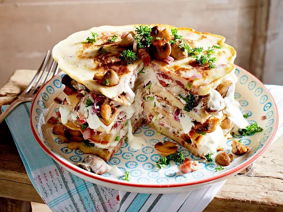 Brunch hit for autumn: Simple mushroom pancake tower for guests