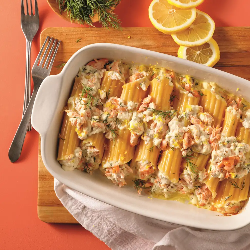 Manicotti de salmón al limón y queso feta