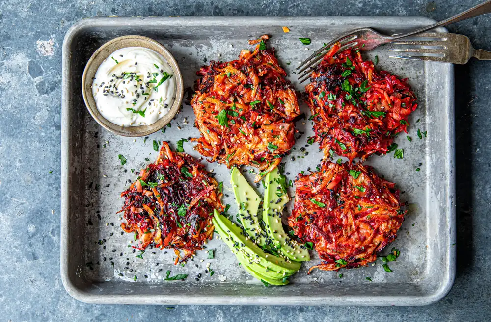 Root vegetable rösti with yogurt and tahini dressing