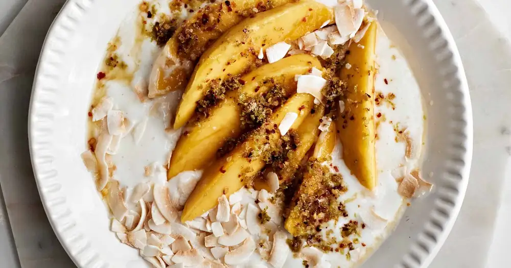 Mango and coconut pudding seasoned with chili salt