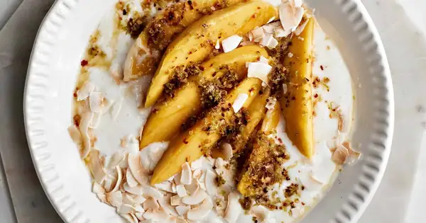 Mango and coconut pudding seasoned with chili salt