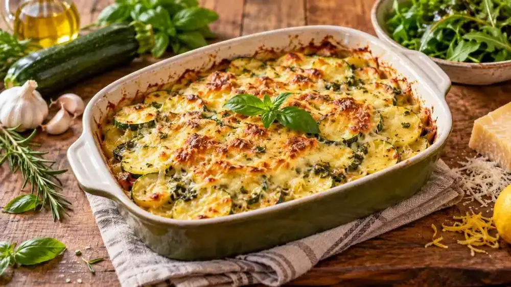 Este gratinado de calabacín dorado con pesto realza a la perfección las verduras de finales de verano con un toque gourmet de la mano de un renombrado chef con estrella Michelin