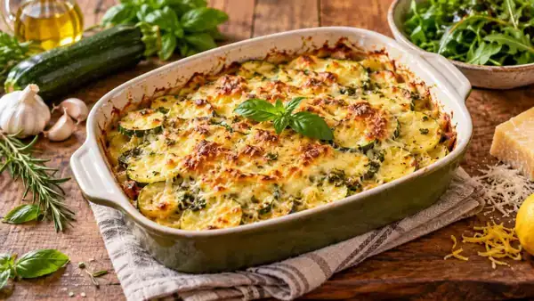Este gratinado de calabacín dorado con pesto realza a la perfección las verduras de finales de verano con un toque gourmet de la mano de un renombrado chef con estrella Michelin