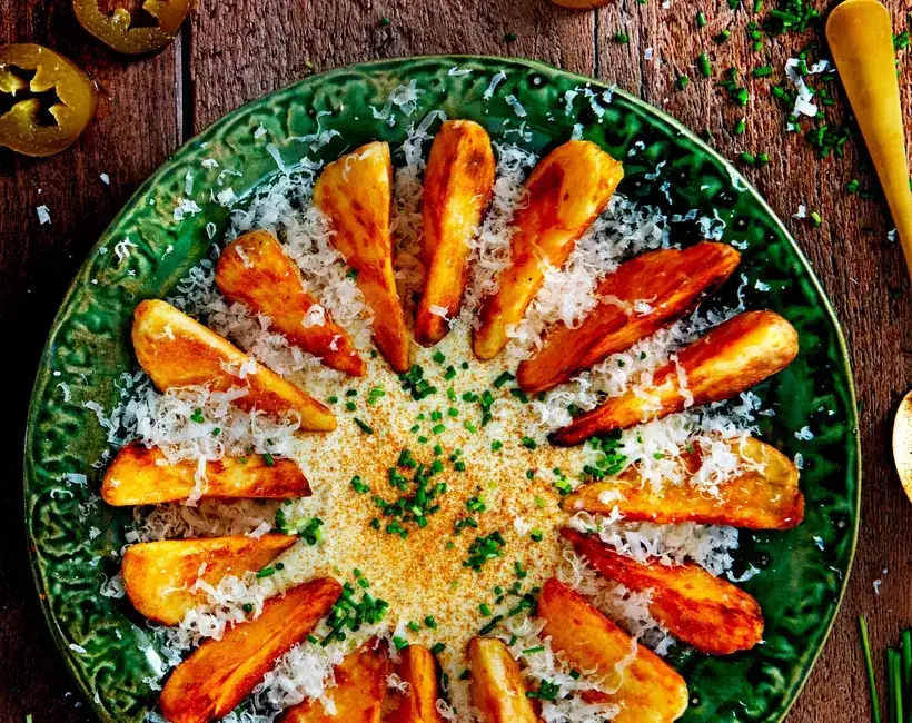 Potato wedges with Parmesan and jalapeño dip