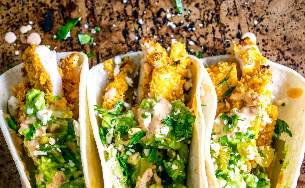 Crispy Chicken Tacos with Chipotle Crema and Guacamole