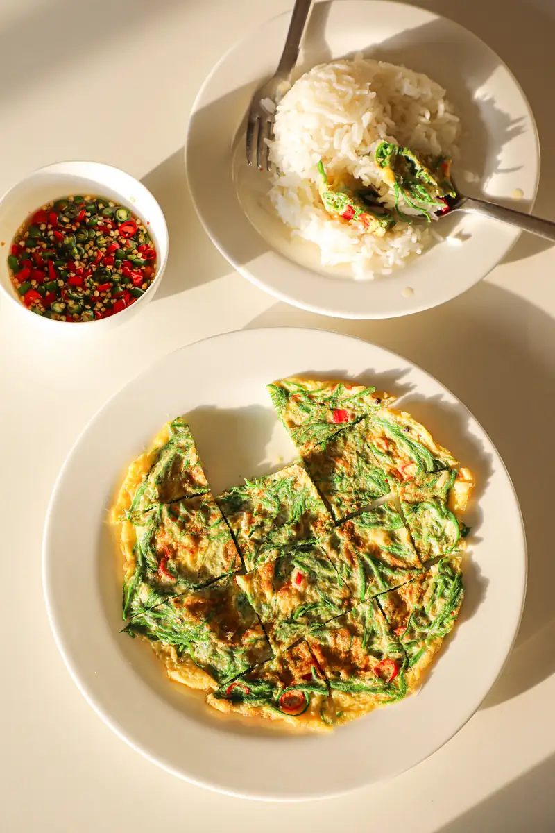 Authentic Thai Omelette Recipe with Cha Om & Video
