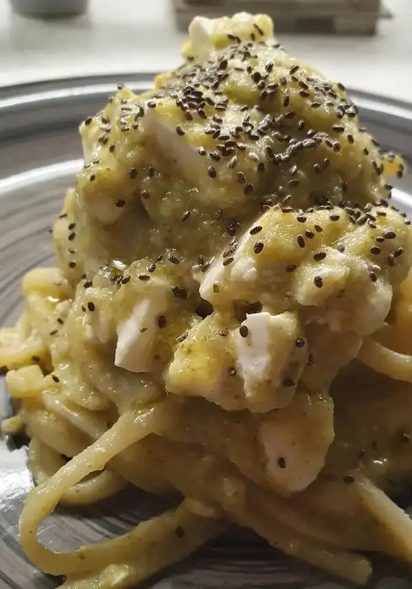 Gragnano Linguine with Broccoli Cream, Feta, and Chia Seeds