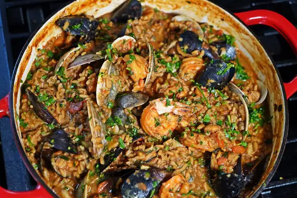 Trinidad Seafood Pelau with Coconut and Pigeon Peas