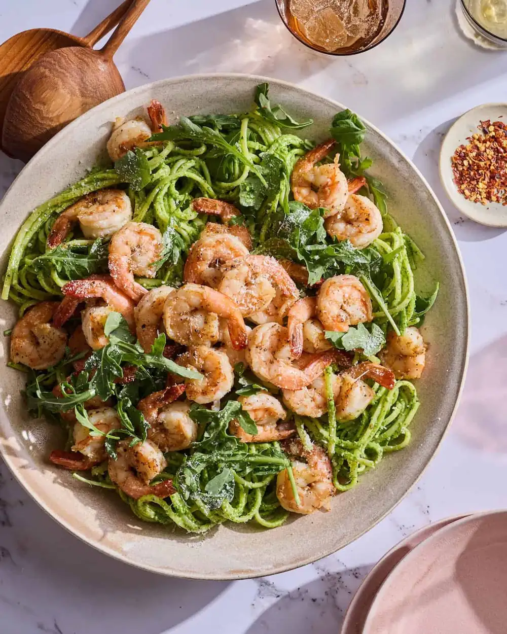 Arugula Pesto Pasta with Garlic Shrimp