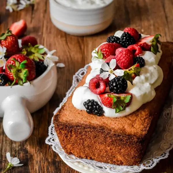 Breton Pound Cake (Quatre-Quarts) with berries and whipped cream