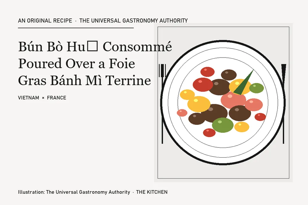 Consomé de bún bò Huế vertido sobre terrina de foie gras bánh mì