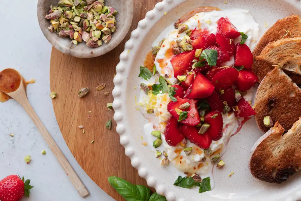 Burrata with strawberries and hot honey