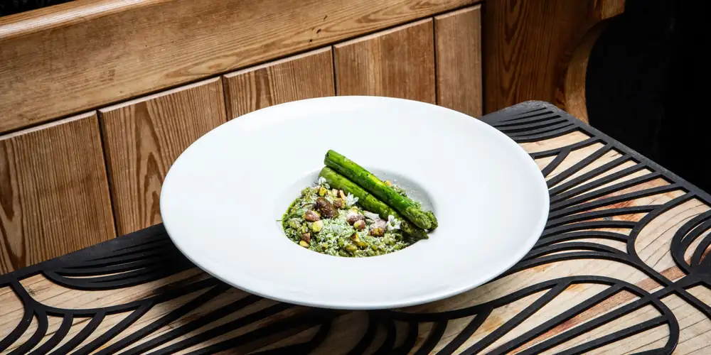 Wild garlic freekeh 'risotto', asparagus and jameed