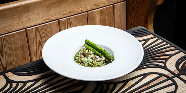 Wild garlic freekeh 'risotto', asparagus and jameed