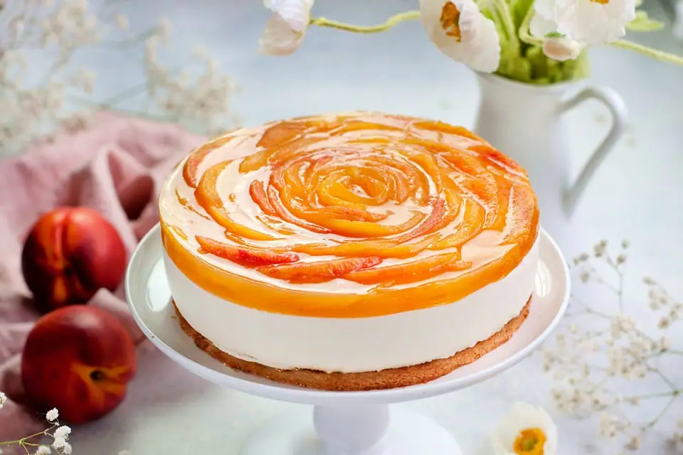 Layered Peach Yogurt Cake w/ Almond Base